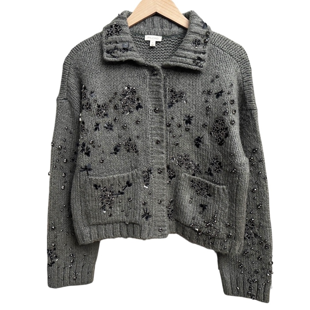 NWT Anthropologie Pilcro Embellished Floral Collared Cardigan Sweater Grey - Picture 3 of 8